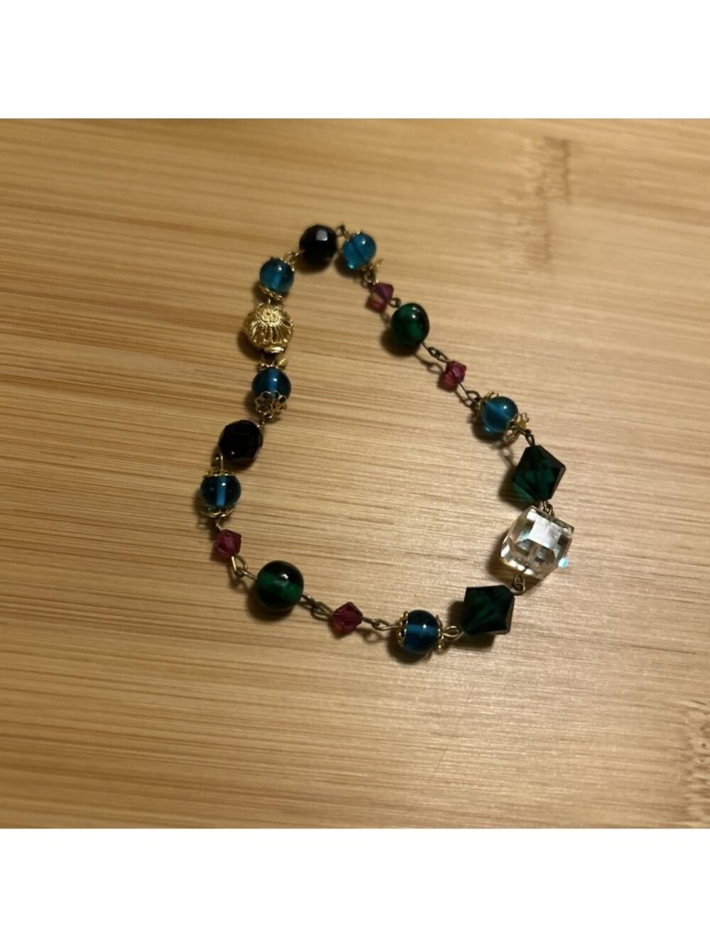 Handmade Beaded Link Bracelet Jewel Tone Glass Crystal Gold Tone Wire Wrap 7.75"